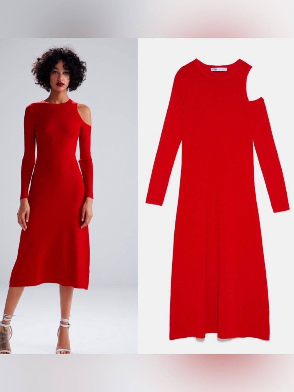 Zara Red Long-Sleeve Cold-Shoulder Midi Dress